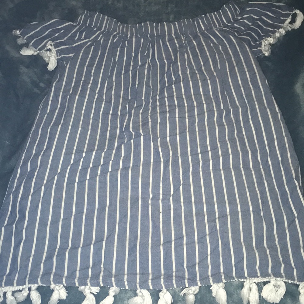 BLUE STRIPPED OFF THE SHOULDER DRESS